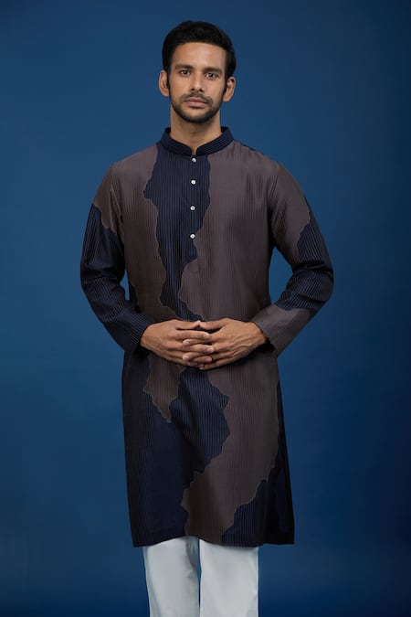 Shop_Countrymade_Navy Cotton Line Pattern Kurta And Pant Set 