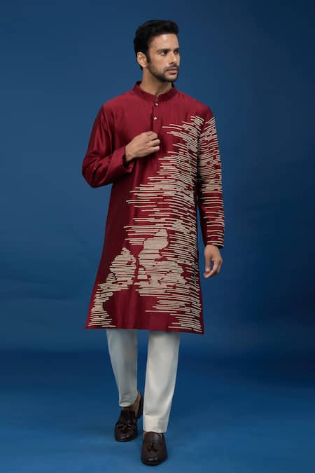 Countrymade_Maroon Silk, Cotton Embroidery Abstract Kurta Set _at_Aza_Fashions