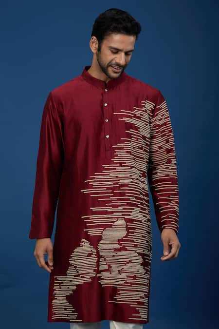 Buy_Countrymade_Maroon Silk, Cotton Embroidery Abstract Kurta Set 
