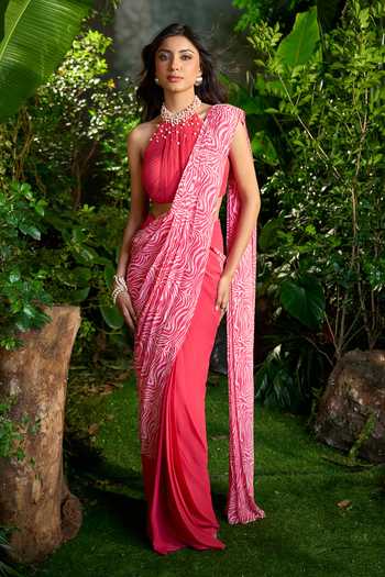 Buy_Aariyana Couture_Pink Chiffon Pearls Halter Abstract Animal Print Pre-draped Saree With Blouse 