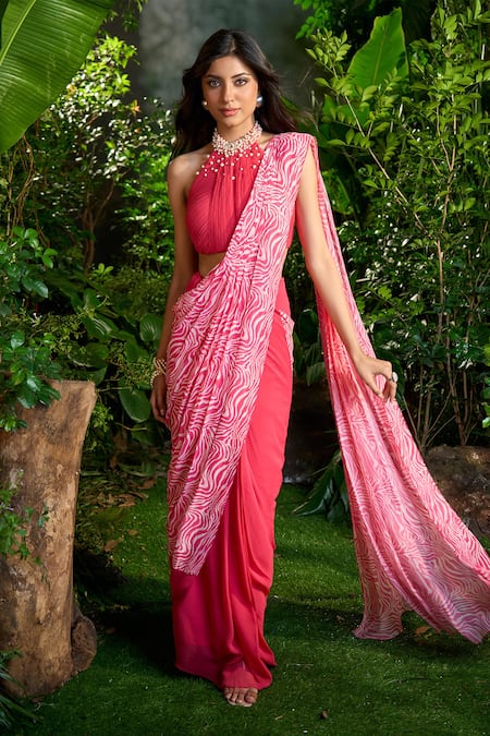 Shop_Aza X Shilpa Shetty Kundra_Pink Chiffon Pearls Halter Abstract Animal Print Pre-draped Saree With Blouse _Online_at_Aza_Fashions