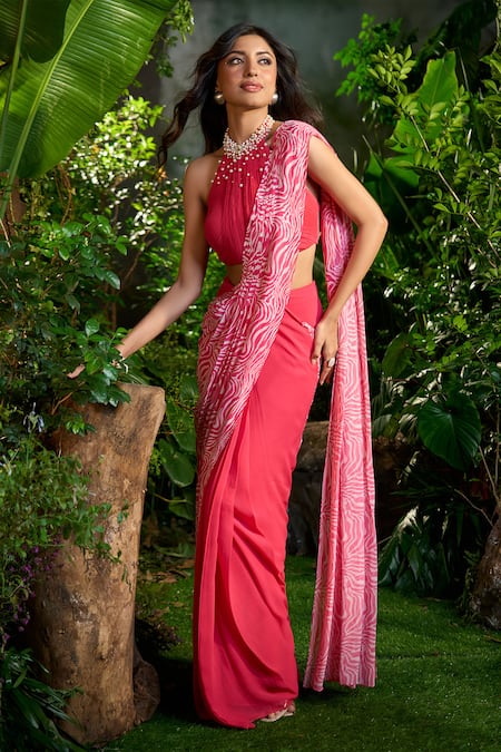 Buy_Aza X Shilpa Shetty Kundra_Pink Chiffon Pearls Halter Abstract Animal Print Pre-draped Saree With Blouse 