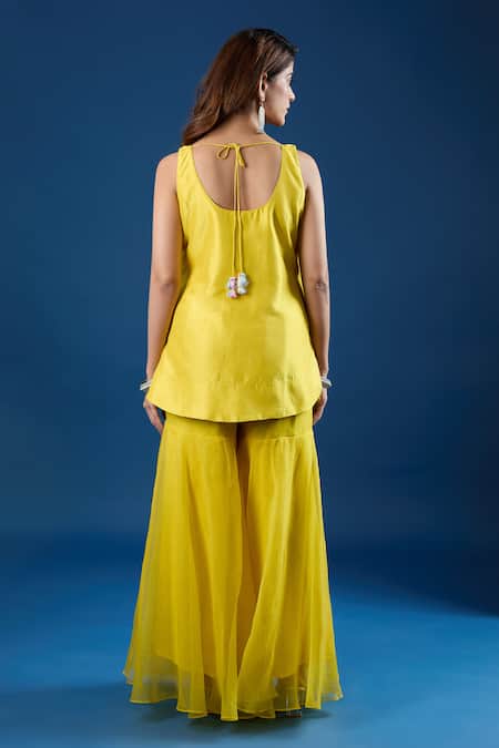 Shop Archana Shah Yellow Organza Sequins Round Neck Kurta Sharara Set at Aza Fashions Shop_Archana Shah_Yellow Organza Sequins Round Neck Kurta Sharara Set _at_Aza_Fashions