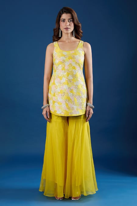 Archana Shah Yellow Organza Sequins Round Neck Kurta Sharara Set Online at Aza Fashions Archana Shah_Yellow Organza Sequins Round Neck Kurta Sharara Set _Online_at_Aza_Fashions