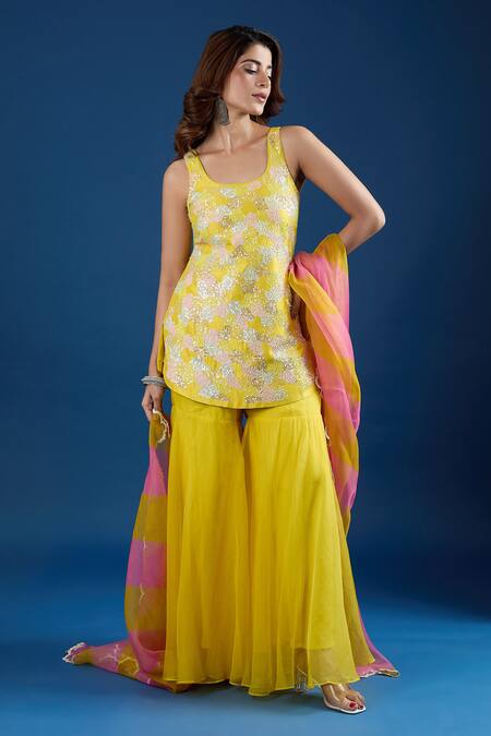Buy Archana Shah Yellow Organza Sequins Round Neck Kurta Sharara Set Online at Aza Fashions Buy_Archana Shah_Yellow Organza Sequins Round Neck Kurta Sharara Set _Online_at_Aza_Fashions