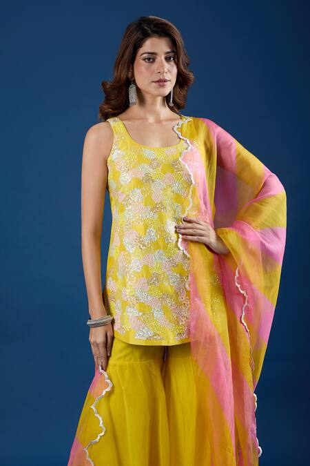 Shop Archana Shah Yellow Organza Sequins Round Neck Kurta Sharara Set Online at Aza Fashions Shop_Archana Shah_Yellow Organza Sequins Round Neck Kurta Sharara Set _Online_at_Aza_Fashions