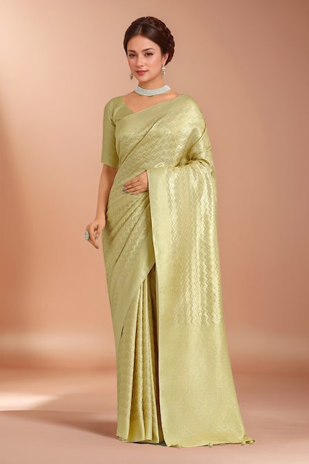 Samyukta Singhania Yellow Zari V-neck Woven Banarasi Satin Silk Saree With Blouse Online at Aza Fashions Samyukta Singhania_Yellow Zari V-neck Woven Banarasi Satin Silk Saree With Blouse _Online_at_Aza_Fashions