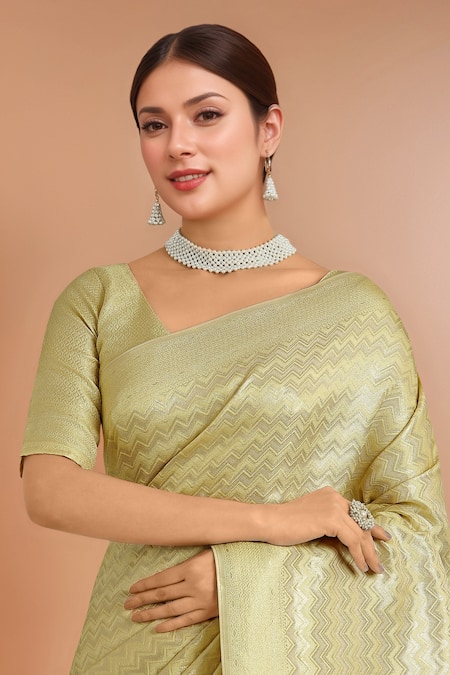 Shop Samyukta Singhania Yellow Zari V-neck Woven Banarasi Satin Silk Saree With Blouse Online at Aza Fashions Shop_Samyukta Singhania_Yellow Zari V-neck Woven Banarasi Satin Silk Saree With Blouse _Online_at_Aza_Fashions
