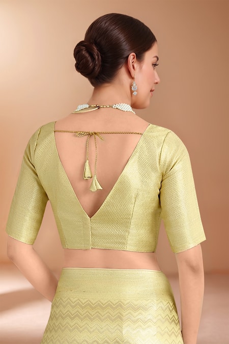 Shop Samyukta Singhania Yellow Zari V-neck Woven Banarasi Satin Silk Saree With Blouse Shop_Samyukta Singhania_Yellow Zari V-neck Woven Banarasi Satin Silk Saree With Blouse