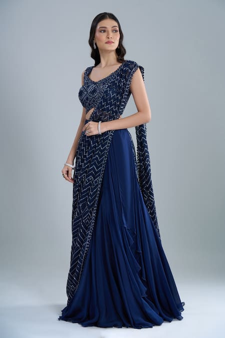 Buy_Ritika Mirchandani_Blue Crepe, Georgette, Net Vrockie Pre-draped Lehenga Saree With Blouse 