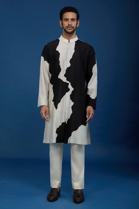 Shop_Countrymade_Ivory Cotton Line Pattern Kurta And Pant Set _Online_at_Aza_Fashions