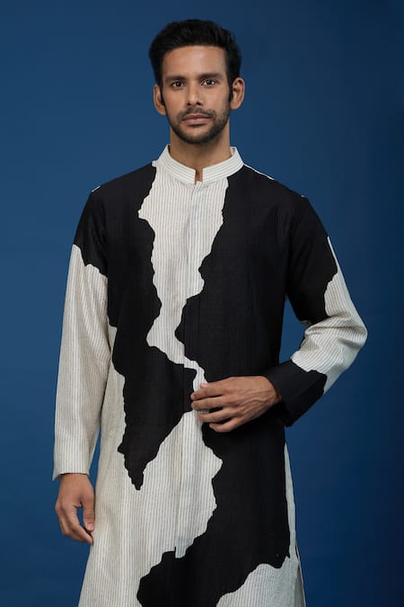 Buy_Countrymade_Ivory Cotton Line Pattern Kurta And Pant Set 