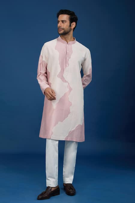 Shop_Countrymade_Pink Cotton Line Pattern Kurta And Pant Set _Online_at_Aza_Fashions