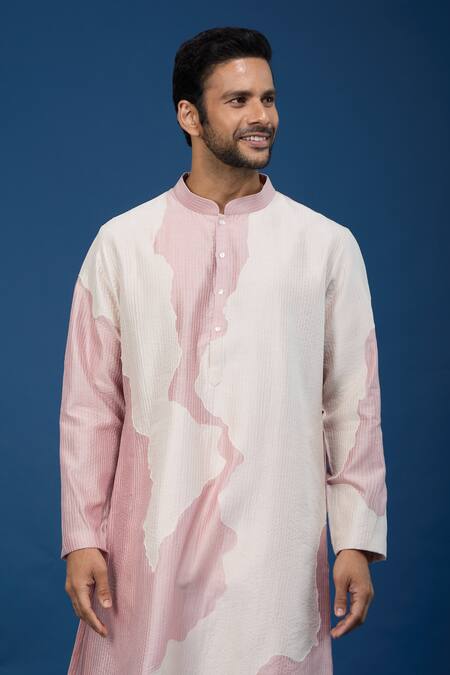 Countrymade_Pink Cotton Line Pattern Kurta And Pant Set _at_Aza_Fashions