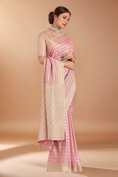 Buy_Samyukta Singhania_Pink Tassels, Zari V-neck Woven Banarasi Silk Saree With Blouse _Online_at_Aza_Fashions