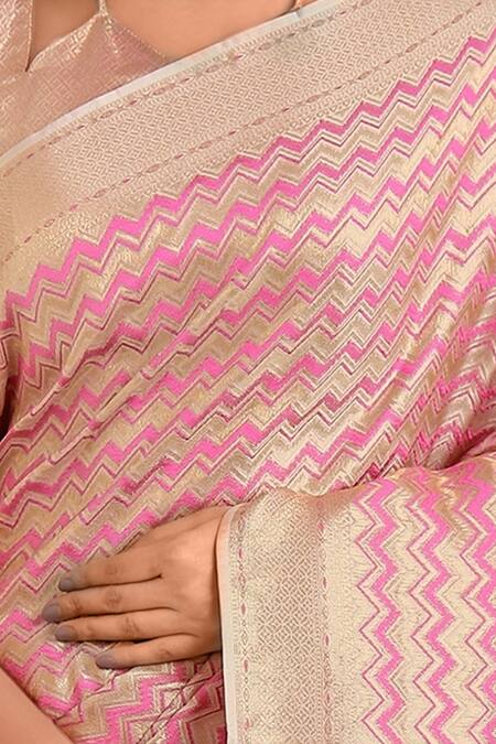 Shop_Samyukta Singhania_Pink Tassels, Zari V-neck Woven Banarasi Silk Saree With Blouse _Online_at_Aza_Fashions