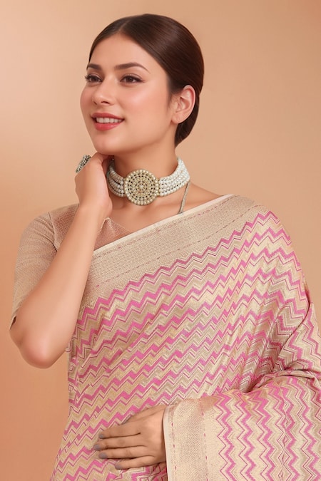 Samyukta Singhania_Pink Tassels, Zari V-neck Woven Banarasi Silk Saree With Blouse _at_Aza_Fashions