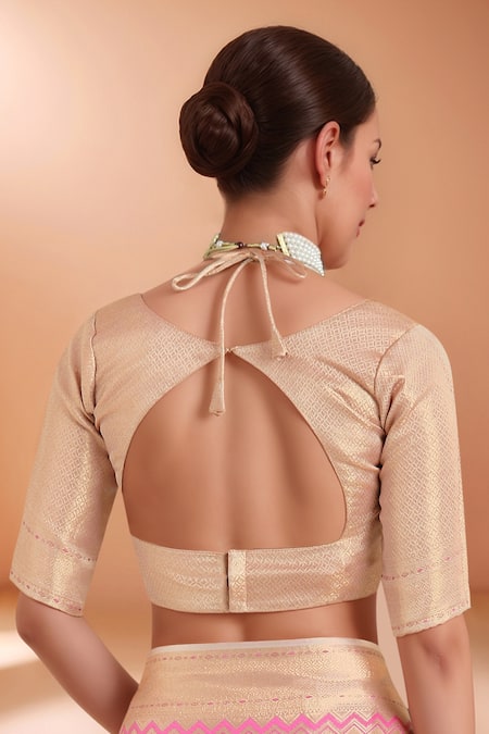 Shop_Samyukta Singhania_Pink Tassels, Zari V-neck Woven Banarasi Silk Saree With Blouse 