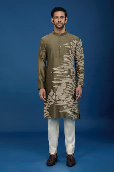 Buy Countrymade Olive Green Cotton Embroidery Abstract Kurta Set Buy_Countrymade_Olive Green Cotton Embroidery Abstract Kurta Set