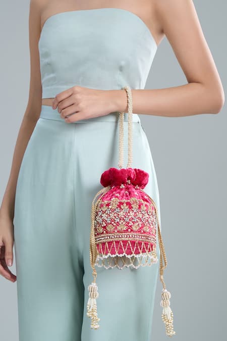 Nazaakat By Samara Singh Pink Hand Embroidered Potli Bag 