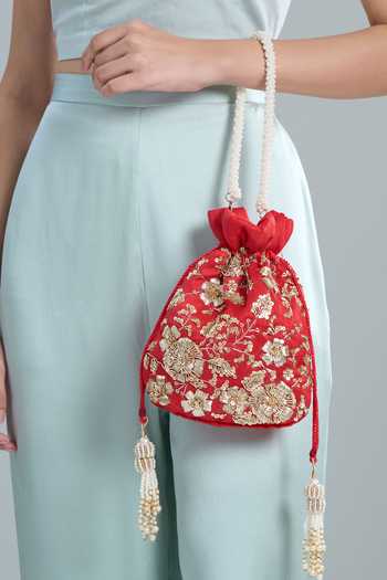 Buy_Nazaakat By Samara Singh_Red Embroidery, Zari Hand Potli Bag 