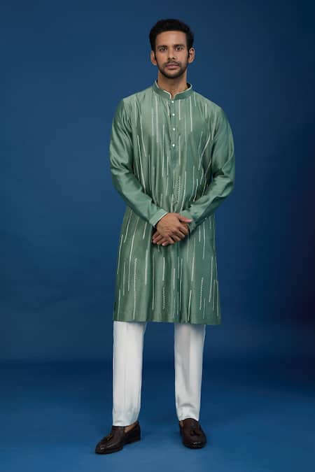 Countrymade Green Silk Embroidery Stitch Work Kurta Set 