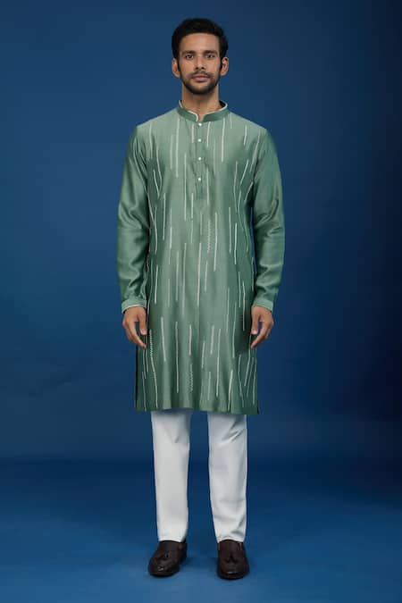 Countrymade_Green Silk Embroidery Stitch Work Kurta Set_Online_at_Aza_Fashions