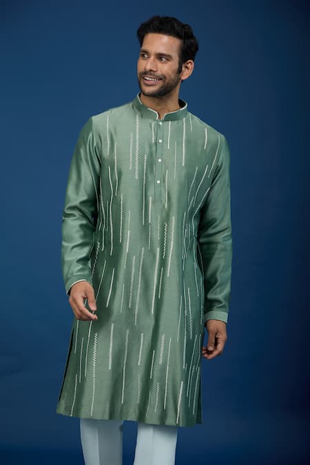 Buy_Countrymade_Green Silk Embroidery Stitch Work Kurta Set_Online_at_Aza_Fashions