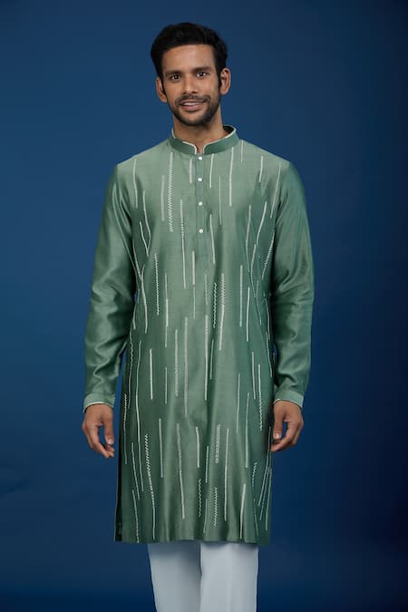 Countrymade_Green Silk Embroidery Stitch Work Kurta Set_at_Aza_Fashions