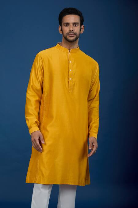 Shop_Countrymade_Mustard Cotton Yellow Kurta And Pant Set _Online_at_Aza_Fashions