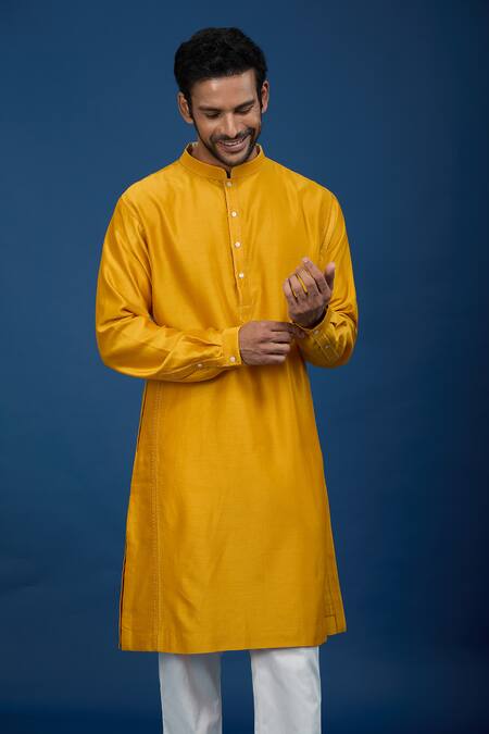 Countrymade_Mustard Cotton Yellow Kurta And Pant Set _at_Aza_Fashions