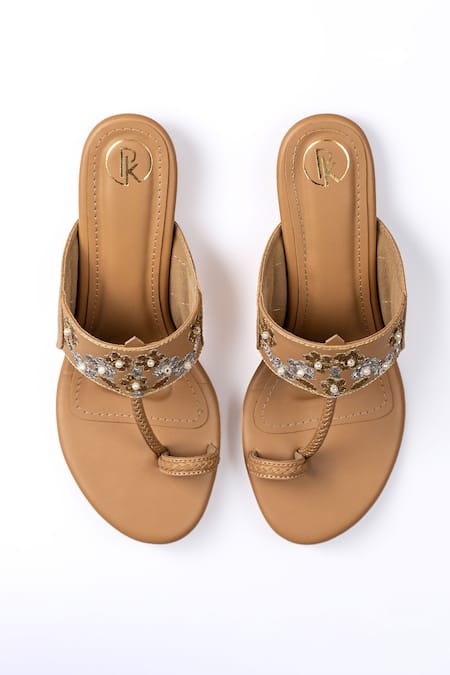 Shop_Preet Kaur_Beige Beads, Crystals Mukaish Heels _Online_at_Aza_Fashions