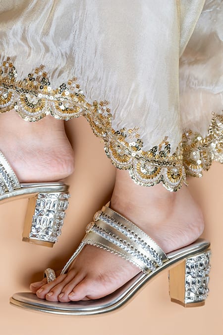 Preet Kaur Gold Beads And Silver Two Tone Embellished Heels
