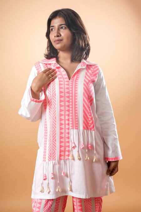 Buy_Mamicha_White Cotton Tassels Collared Kurta And Pant Set_Online_at_Aza_Fashions