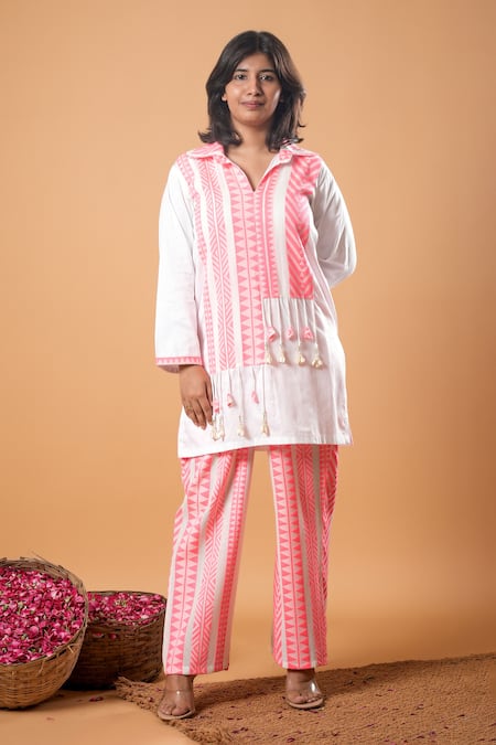 Shop_Mamicha_White Cotton Tassels Collared Kurta And Pant Set_Online_at_Aza_Fashions
