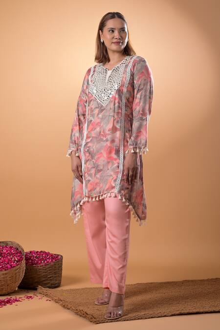 Buy_Mamicha_Multi Color Cotton Tassels Leaf Neck Printed Kurta And Pant Set_Online_at_Aza_Fashions