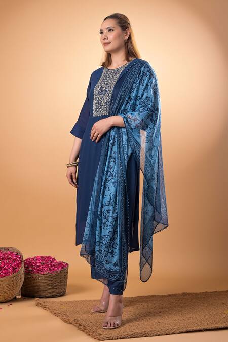 Mamicha_Blue Cotton Beads, Embroidery Round Neck Navy Kurta Pant Set_Online_at_Aza_Fashions