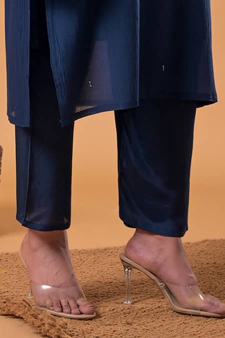 Buy_Mamicha_Blue Cotton Beads, Embroidery Round Neck Navy Kurta Pant Set_Online_at_Aza_Fashions