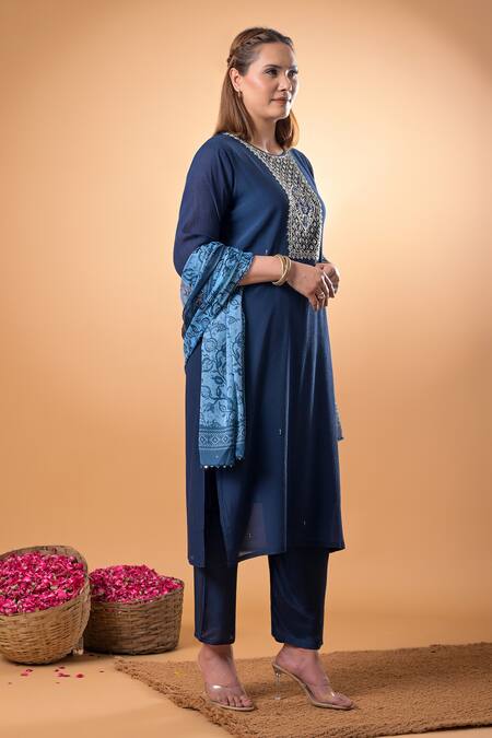 Mamicha_Blue Cotton Beads, Embroidery Round Neck Navy Kurta Pant Set_at_Aza_Fashions