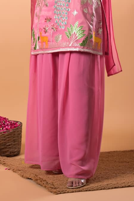 Mamicha_Pink Cotton Embroidery Square Neck Peacock Kurta Set_at_Aza_Fashions