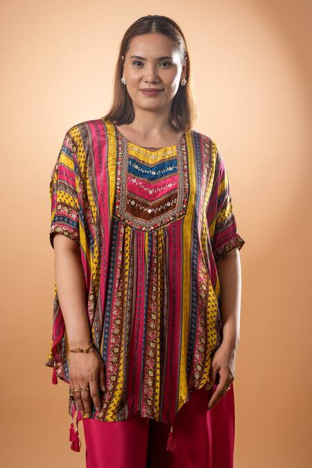 Shop_Mamicha_Multi Color Cotton Embroidery Round Neck Multicolor Designer Kurta And Pant Set_Online_at_Aza_Fashions