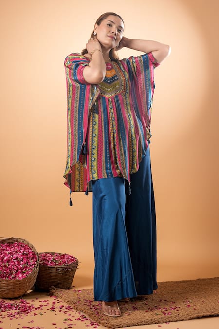 Shop_Mamicha_Multi Color Cotton Embroidery Round Neck Multicolor Designer Kurta And Pant Set_Online_at_Aza_Fashions
