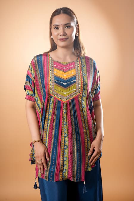 Mamicha_Multi Color Cotton Embroidery Round Neck Multicolor Designer Kurta And Pant Set_at_Aza_Fashions