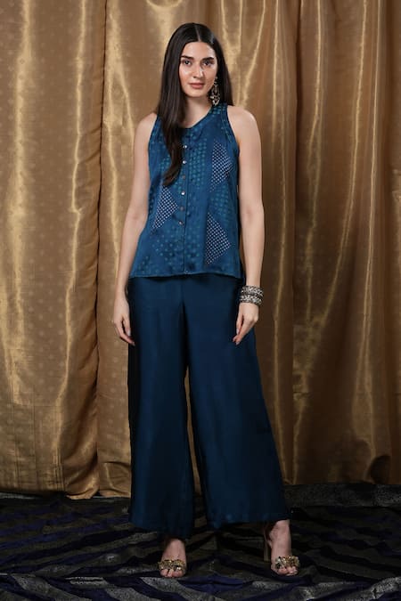 Shop Krishna Mehta Blue Modal Round Neck Block Print Top Online at Aza Fashions Shop_Krishna Mehta_Blue Modal Round Neck Block Print Top _Online_at_Aza_Fashions