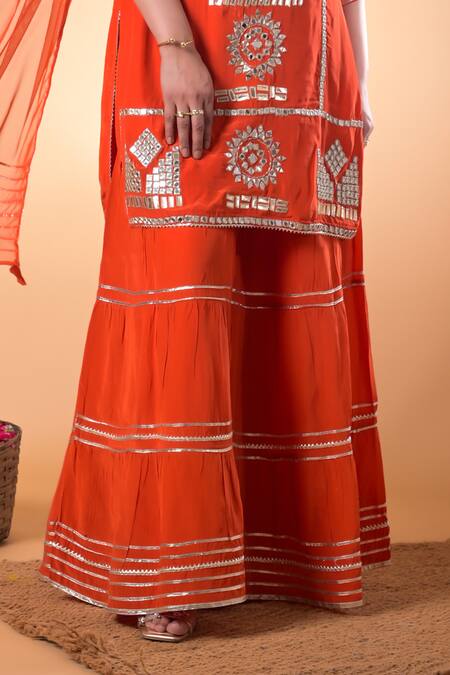 Mamicha_Orange Cotton Embroidery, Tassels Round Neck Designer Kurta Set_Online_at_Aza_Fashions