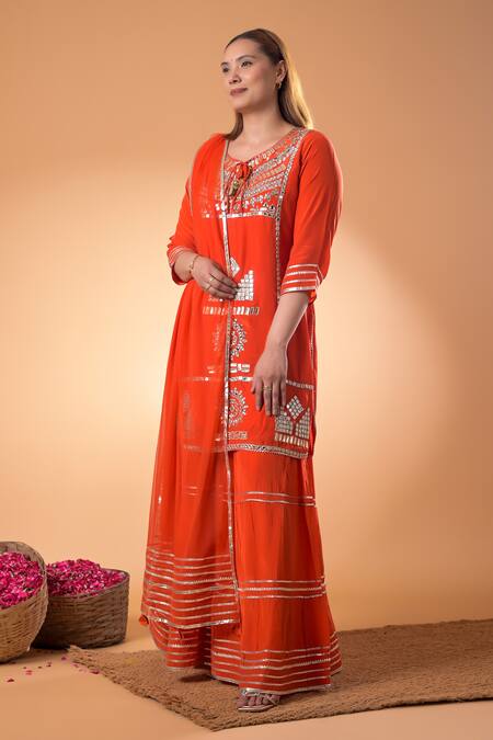 Buy_Mamicha_Orange Cotton Embroidery, Tassels Round Neck Designer Kurta Set_Online_at_Aza_Fashions