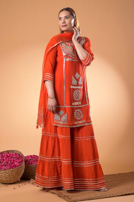 Shop_Mamicha_Orange Cotton Embroidery, Tassels Round Neck Designer Kurta Set_Online_at_Aza_Fashions