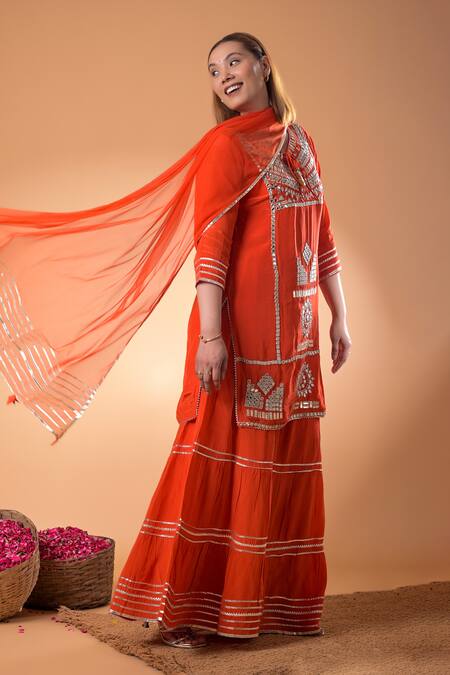 Mamicha_Orange Cotton Embroidery, Tassels Round Neck Designer Kurta Set_at_Aza_Fashions