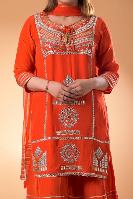 Buy_Mamicha_Orange Cotton Embroidery, Tassels Round Neck Designer Kurta Set
