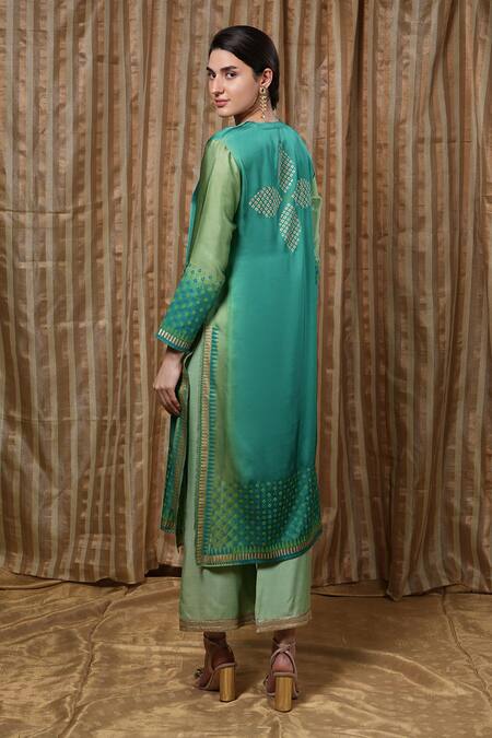 Buy Krishna Mehta Green Embroidery Collared Block Print Tunic Buy_Krishna Mehta_Green Embroidery Collared Block Print Tunic
